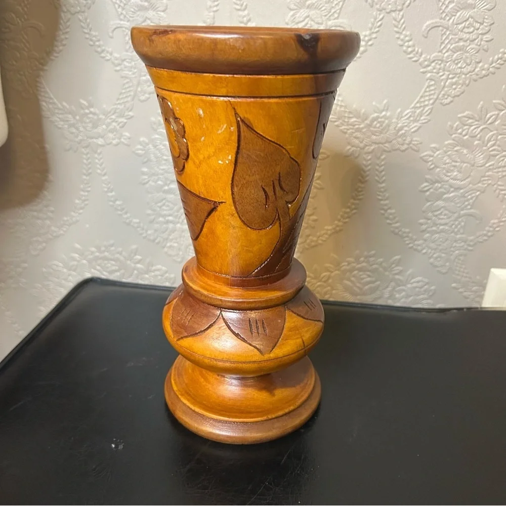 Handcrafted Wooden Vase Folk Art Wood Carved Floral Design 9” high 4.5” across - Picture 3 of 6
